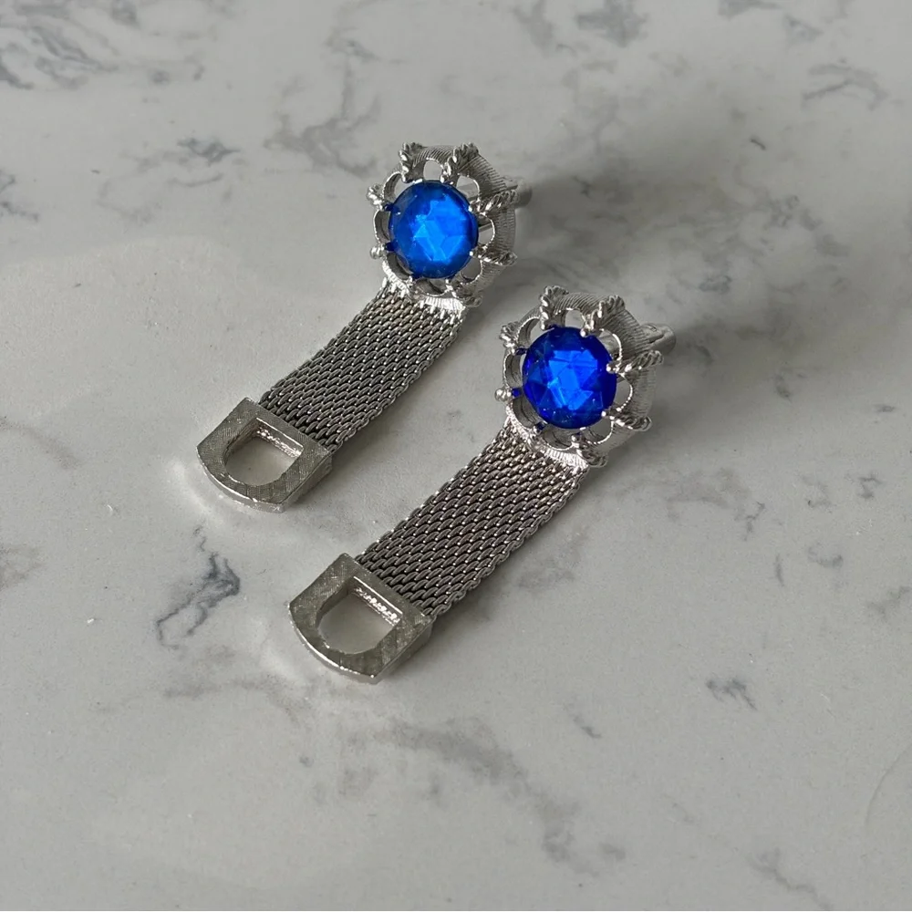 Vintage Swank Chain Mesh Blue Crystal Cufflinks-Silver Tone